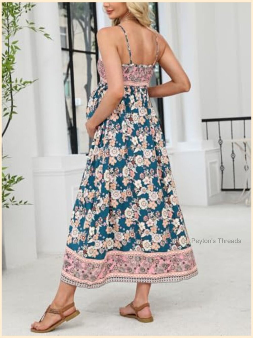 Maternity Maxi Dress Square Neck Smocked Ruched Flowy Pregnancy Baby Shower - Picture 6 of 7